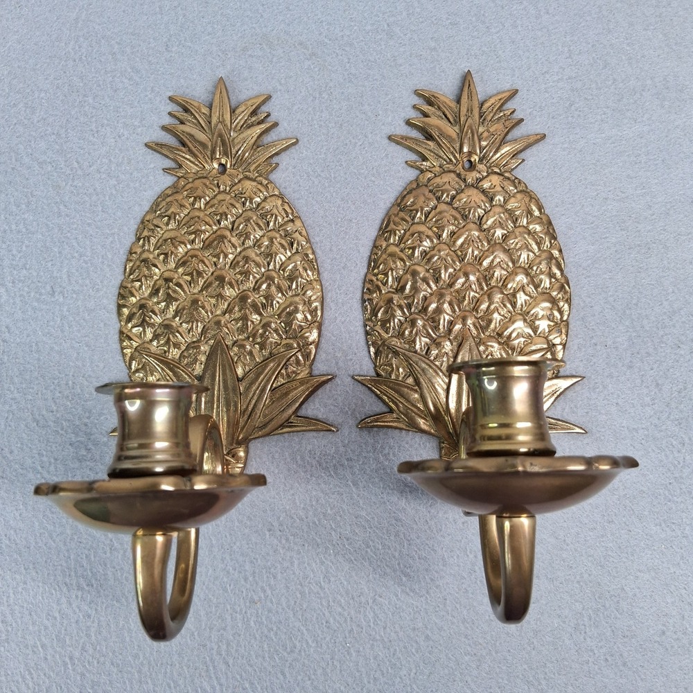 Vintage Andrea by Sadek Brass Pineapple Wall Sconce Candle Holders Pair